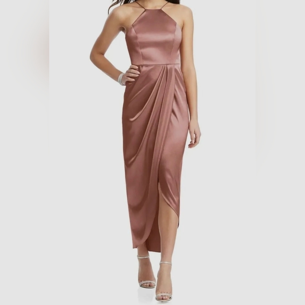 AFTER Six NWT Women's Pink Halter Neck Stretch Satin Gown Dress Size 6